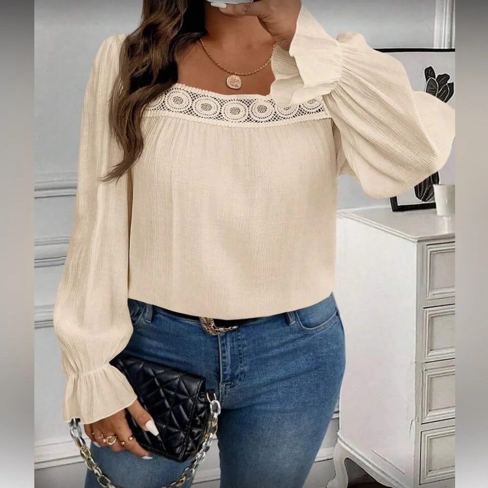 Elegant Cream Lace Trim Women's Top